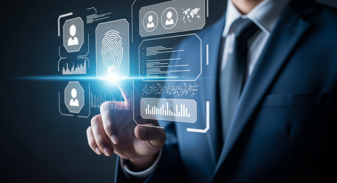 A businessman in a suit touches a futuristic holographic interface displaying biometric data and user profiles. - Powered by Adobe