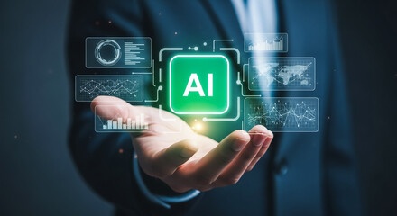 Businessman holding a glowing AI icon with data visualizations floating around it, representing artificial intelligence and technology.