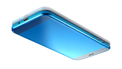 A bright blue smartphone with a metallic bezel and a clean white casing, isolated on transparent background, highlighting its compact form factor and userfriendly interface for everyday use