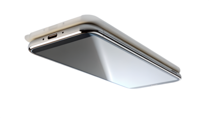 Closeup view of a silver smartphones bottom edge and screen, isolated on transparent background, highlighting ports and design details