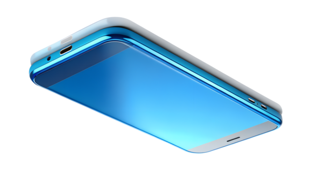A bright blue smartphone with a metallic bezel and a clean white casing, isolated on transparent background, highlighting its compact form factor and userfriendly interface for everyday use