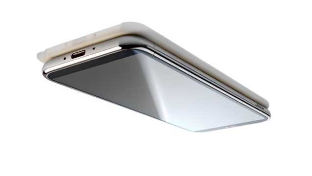 Closeup view of a silver smartphones bottom edge and screen, isolated on transparent background, highlighting ports and design details