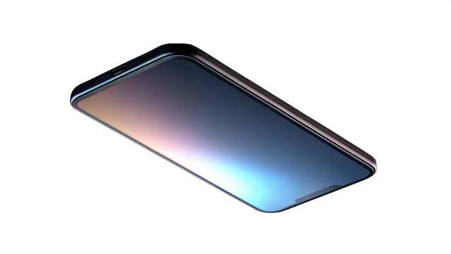 A modern smartphone with a sleek design, isolated on transparent background, showcasing its reflective screen with subtle color gradients, perfect for tech and gadget concepts