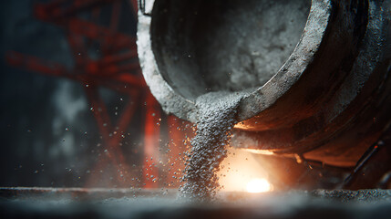 Molten metal pouring from a crucible in a dark industrial setting