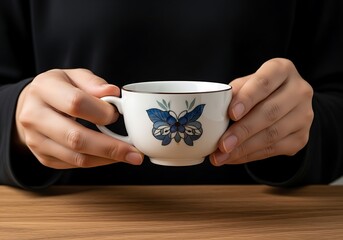 Person holding a decorative teacup with a blue floral butterfly design, close-up view
