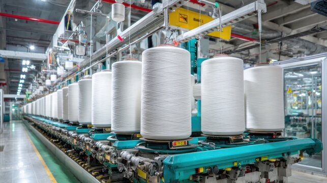 A busy textile factory features multiple spools of thread on machines. Workers efficiently manage operations in a well-lit environment ensuring production runs smoothly throughout the day.