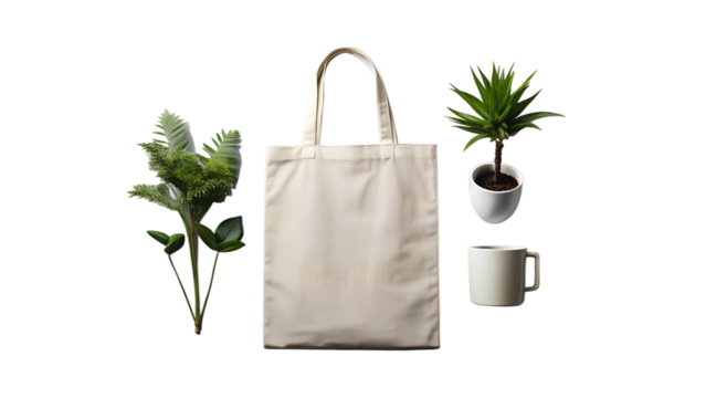 A beige canvas tote bag with decorative green plants and a white mug, isolated on transparent background, suggesting a lifestyle or home decor theme