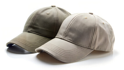 Fototapeta premium Two baseball caps, one olive green and one beige, isolated on white background