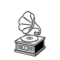 Monochrome Gramophone Icon: Flat Black Outline Drawing of a Vintage Record Player with Horn and Turntable on a Pure White Background