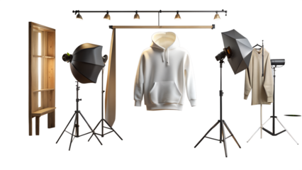 A photography studio setup with lighting equipment, a mannequin displaying a white hoodie, and a beige jacket on a hanger isolated on transparent background