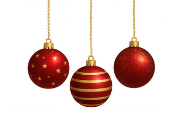 Three red and gold christmas baubles hanging, creating a festive holiday decoration on a transparent background