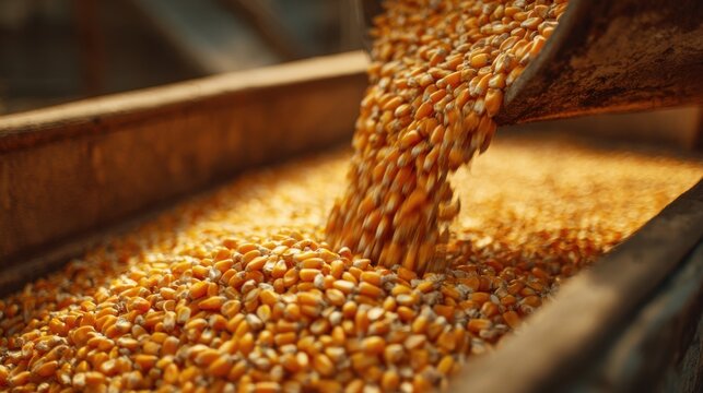 Bright yellow corn kernels pour from a chute into a large storage bin. The scene captures the bustling activity of harvest time at an agricultural facility under warm sunlight.