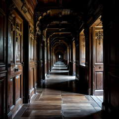 Obraz premium “Dimly lit vaulted corridor with ornate wooden doors, dramatic shadows, and intricate carvings creating a mysterious atmospheric interior with gothic depth and perspective”