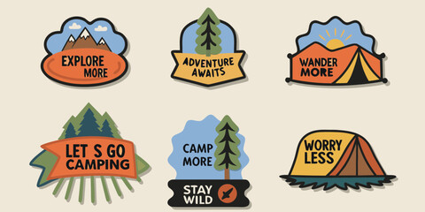 Set of six outdoor adventure themed badges with inspirational quotes for camping and exploration
