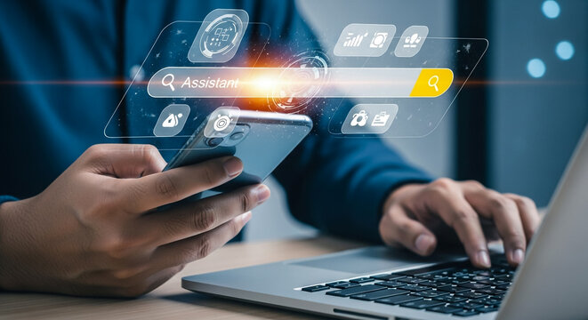 Person typing on a laptop with social media icons floating above the keyboard.