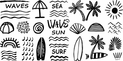 Hand drawn black and white summer beach vacation icons and symbols collection