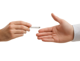 Hand passing a lit cigarette isolated on a transparent background