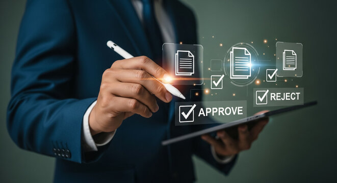 Digital document approval process with a person using a tablet and stylus. - Powered by Adobe