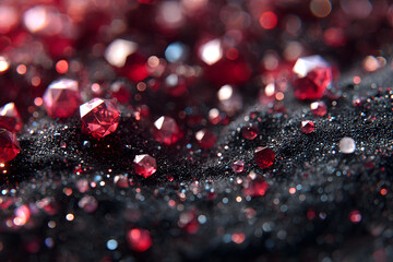 Red and black glitter twinkle abstract New Year or Christmas holiday background with sparkles. Modern luxury mock up with sequins. Texture of colored porous rubber with spangles