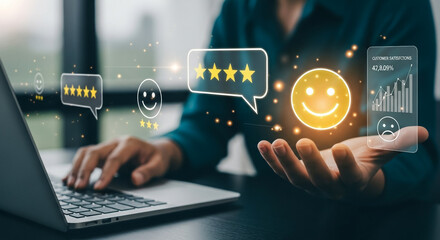 Naklejka premium Person using a laptop with glowing digital icons representing customer feedback, satisfaction ratings, and online reviews for business improvement.
