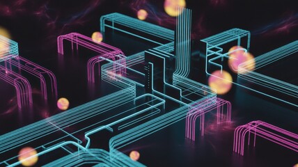 Futuristic circuit board with neon lights and bokeh effects