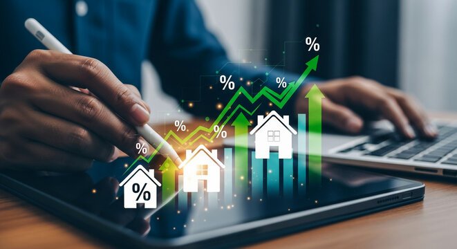 Real estate market growth depicted on a tablet with rising graph. - Powered by Adobe
