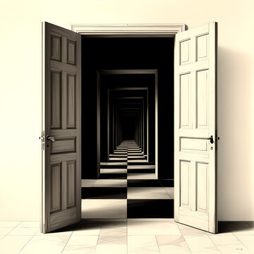 &ldquo;Surreal 3D rendering of repeating open doorways with infinite perspective, minimal interior design, tunnel effect and mysterious abstract architectural depth&rdquo;