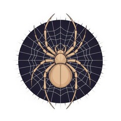 Detailed illustration of a large brown spider centered within a dark circular spiderweb against a white background