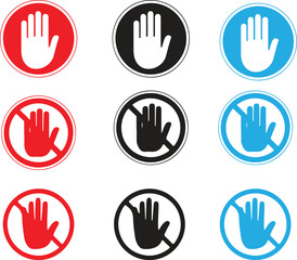 Fototapeta premium Stop icon set. Stop sign with hand or palm flat icon for apps and websites. Vector illustration.Stop sign with hand icon set.