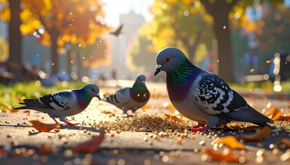 Pigeons on a Sunny Autumn Day.