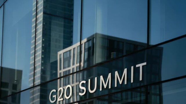 G20 summit sign reflected in glass building. G20 summit symbolizes global cooperation and international diplomacy. The G20 summit highlights worldwide economic forum,