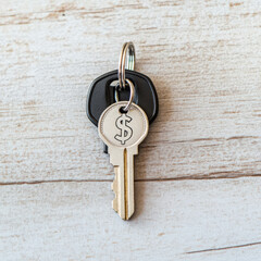 Metal key with dollar sign on keyring next to black car key on wooden surface