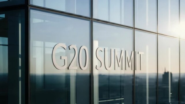 G20 summit writing on glass building reflects international cooperation and global leadership. G20 summit text is visible on building's reflective windows.