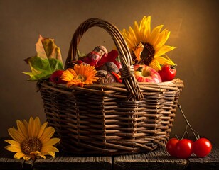 Autumn basket of colorful produce