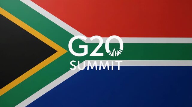 South African flag and G20 summit logo together symbolize global cooperation and meetings. South African flag in background shows international collaboration in summit meetings.