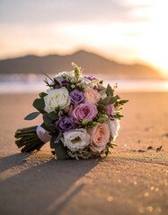 Beautiful bouquet on a beach at sunset