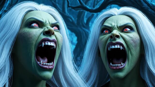 Dual Banshees in Anguish - This dramatic video features two fantastical banshees howling in fury, showcasing their long white hair and vibrant red eyes.