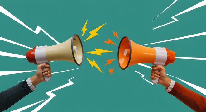 Communication Conflict: Two People with Megaphones in Opposition