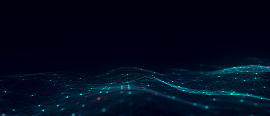 Digital hexagon dynamic wave of particles. Abstract blue futuristic background. Big data visualization. 3D rendering.