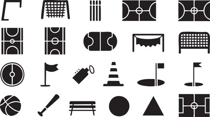 Vector icons set of sports fields, courts, and athletic equipment illustrations