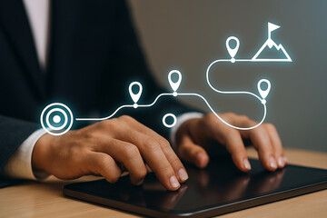 Digital Business Roadmap: Strategic Goal Achievement Planning and Journey Tracking on Tablet with Target and Mountain Peak Flag
