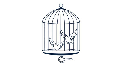 A dove flies free, carrying a key, near an empty birdcage.