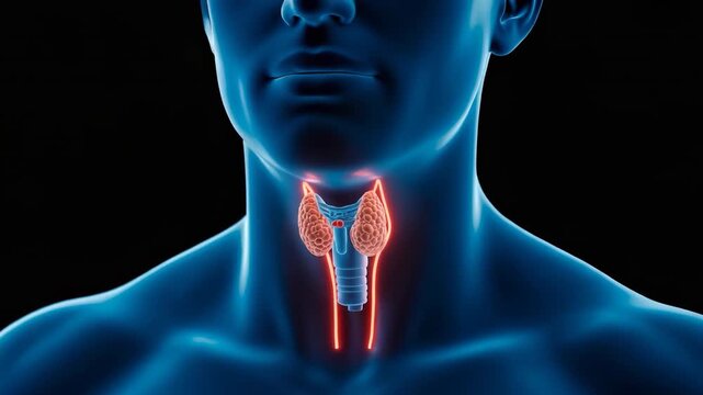Thyroid gland anatomical illustration of human neck, medical concept of endocrinology, 3D render, in blue hues