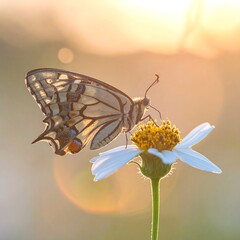 Beautiful butterfly on a flower at sunrise