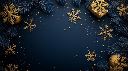 Dark Blue Festive Holiday Background with Golden Snowflakes and Sparkling Details