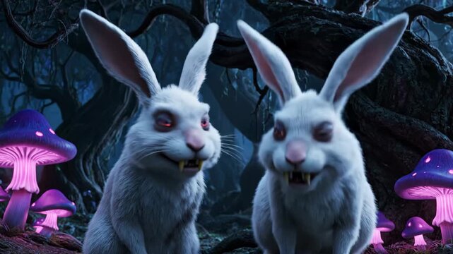 Cursed Cartoon Rabbits in a Dark Forest - Two cartoon rabbits with sharp teeth and glowing red eyes stand in a mystical, dark forest.