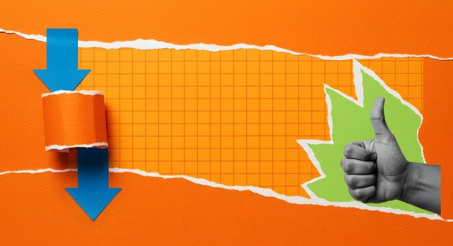 Creative Business Concept: Downward Arrow and Thumbs Up on Torn Paper