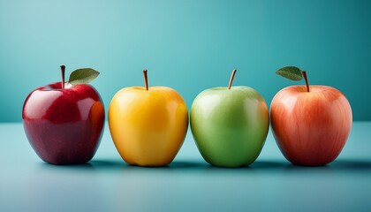 Colorful Apples In A Row On Light Blue Background