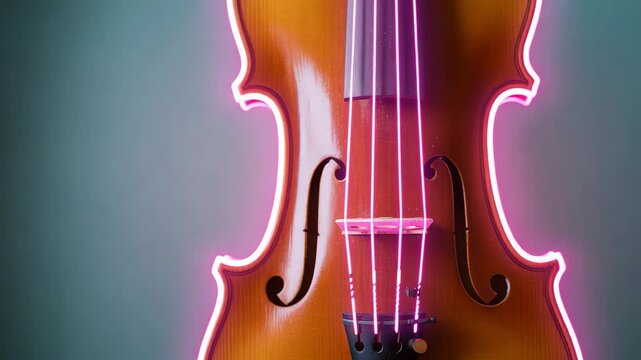 Violin with pink neon outline, elegant musical instrument art, studio shot, musical aesthetic, stringed instrument pattern