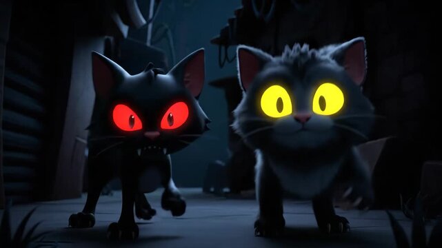 Cartoon Cats in Dark Alley - This video shows two cartoon cats in a dark alley, one is black with glowing red eyes and bared fangs and the other is gray with glowing yellow eyes.